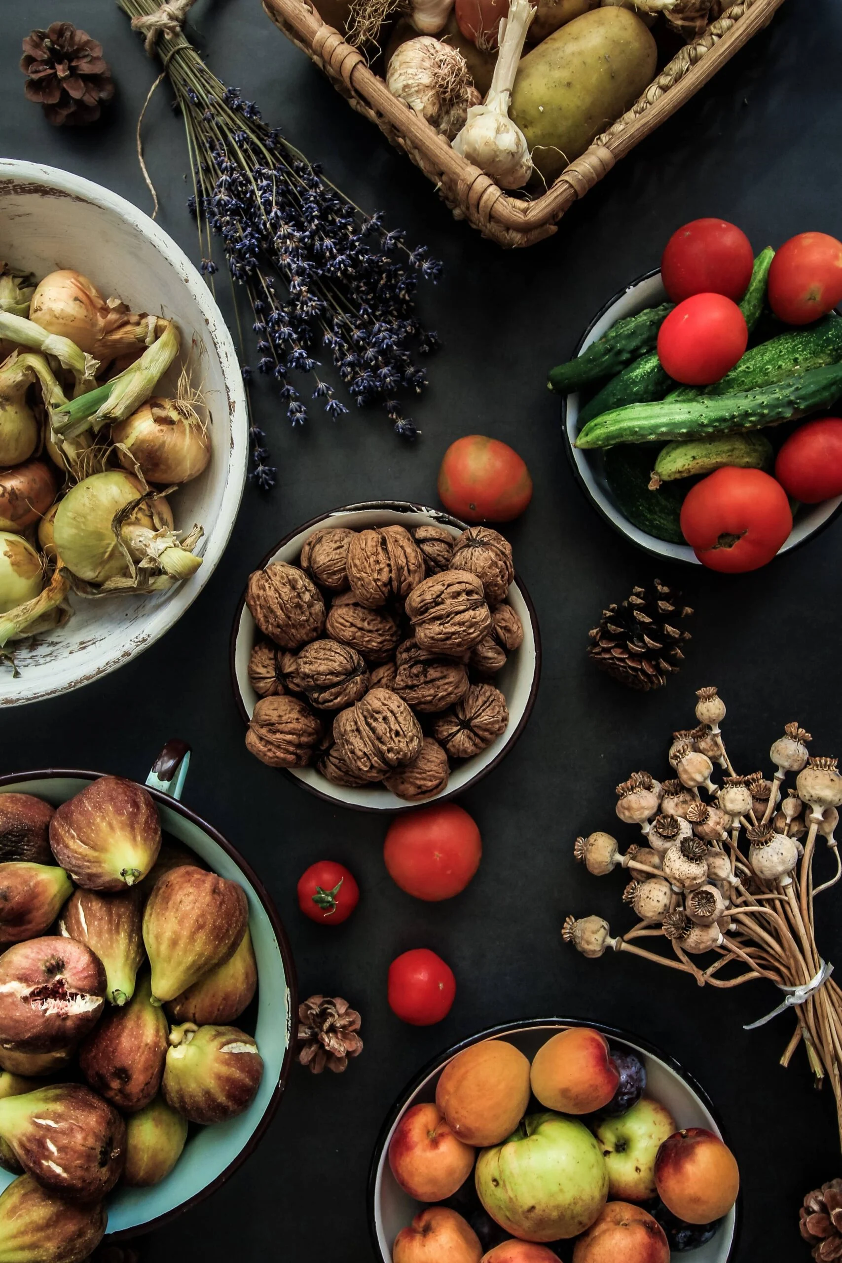 nuts, figs, garlic, and herbs