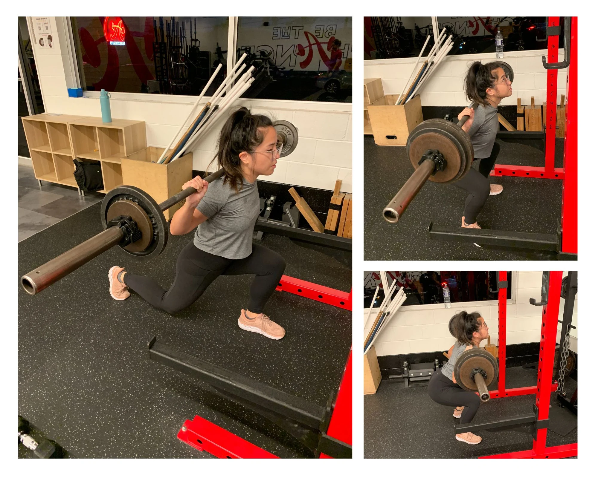 Collage of barbell exercises performed by client highlight Ann