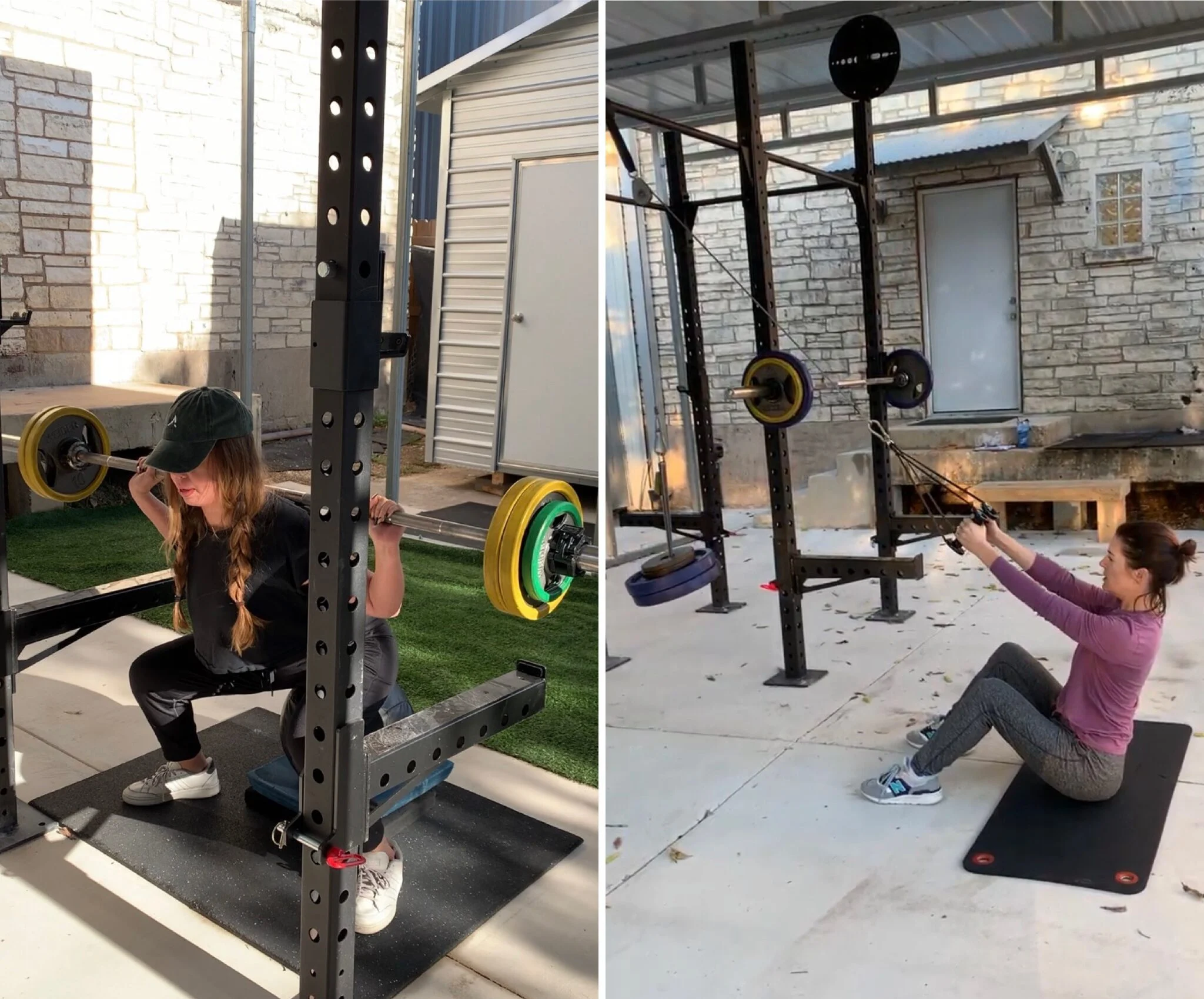 clients performing squats and seated rows outdoors
