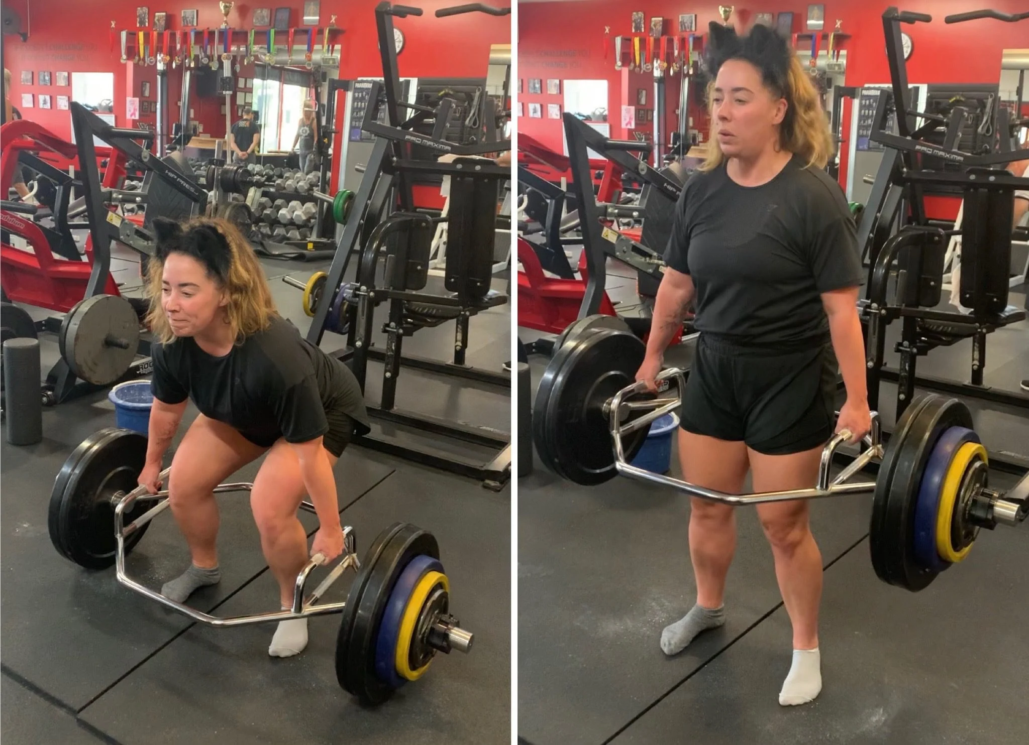 Client Highlight Alexa doing a trap bar deadlift while wearing cat ears