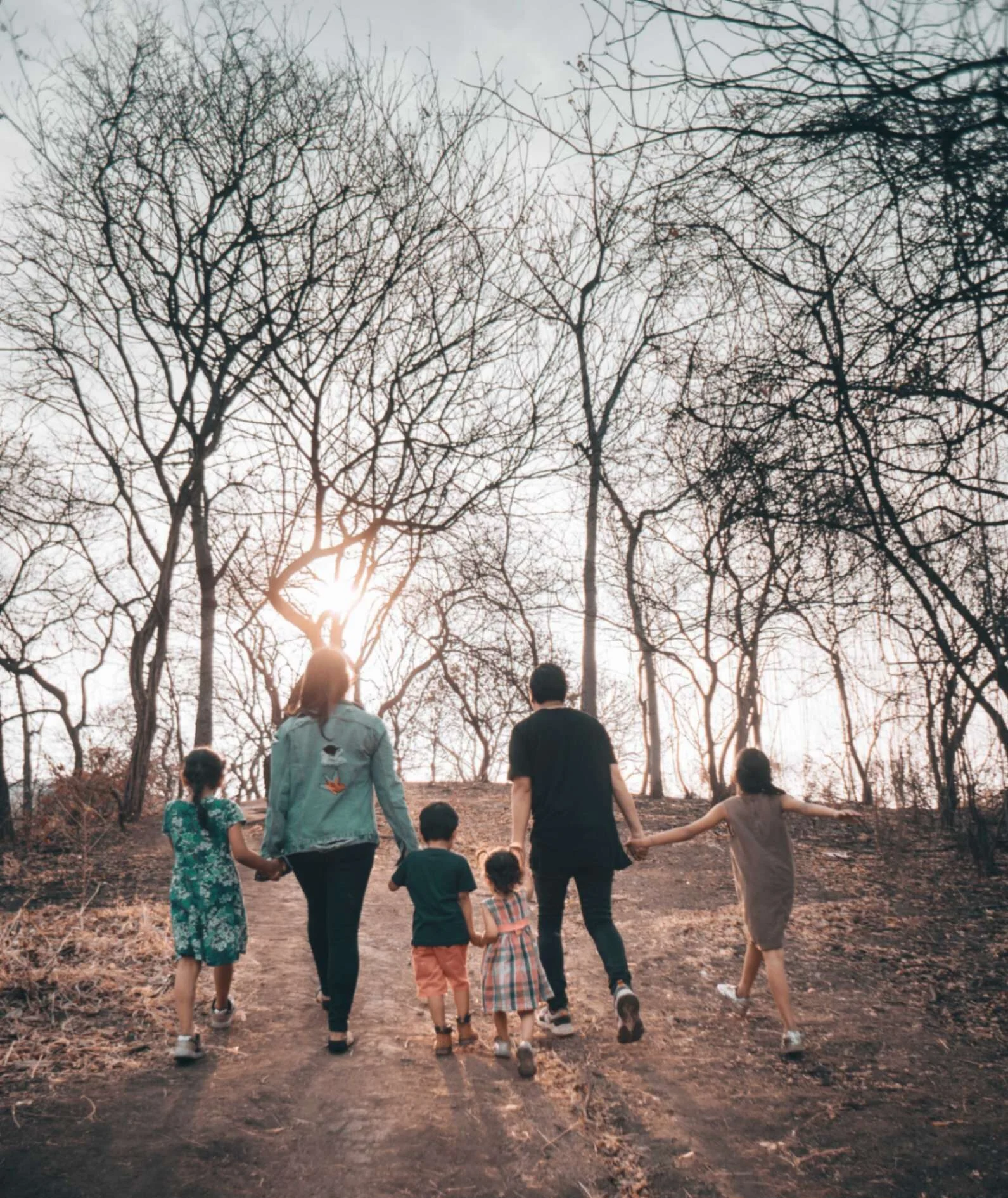 a family walking in the woods