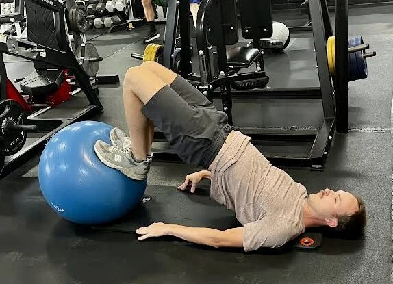 person doing a bridge on an exercise ball