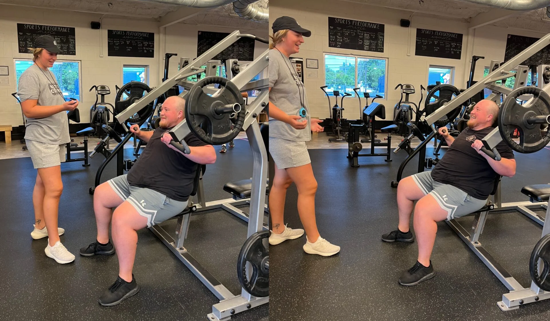 Jules using the chest press machine while Sianna looks at her stop watch