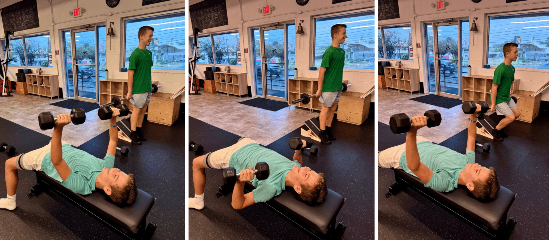 Jack and Weston doing dumbbell bench press and hack squats
