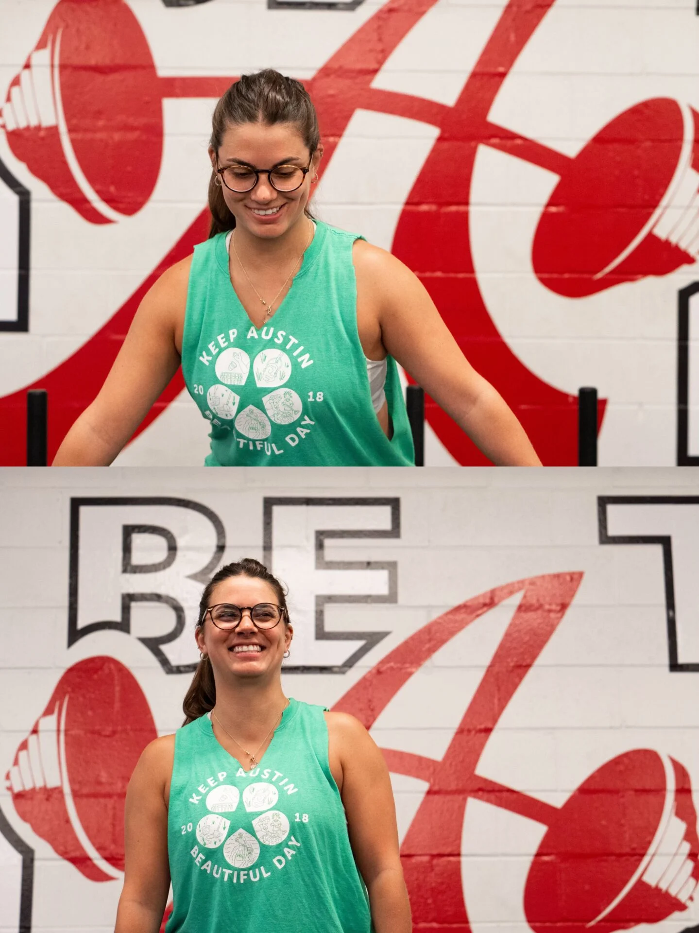 Client Highlight Nicole smiling in front of the A-Barbell logo