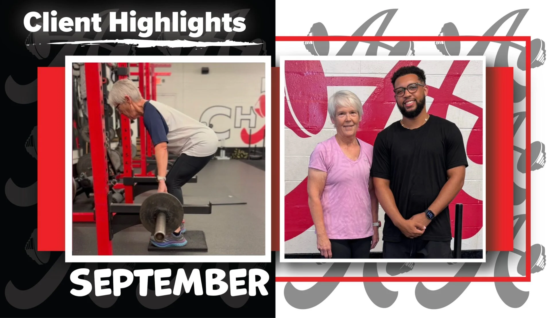 Client highlight Laurie doing a rack pull deadlift and posing with her personal trainer, Daniel