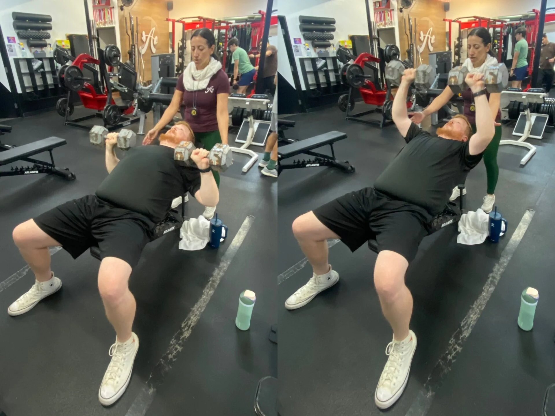 Client Highlight Will performs a dumbbell bench press with his trainer spotting him